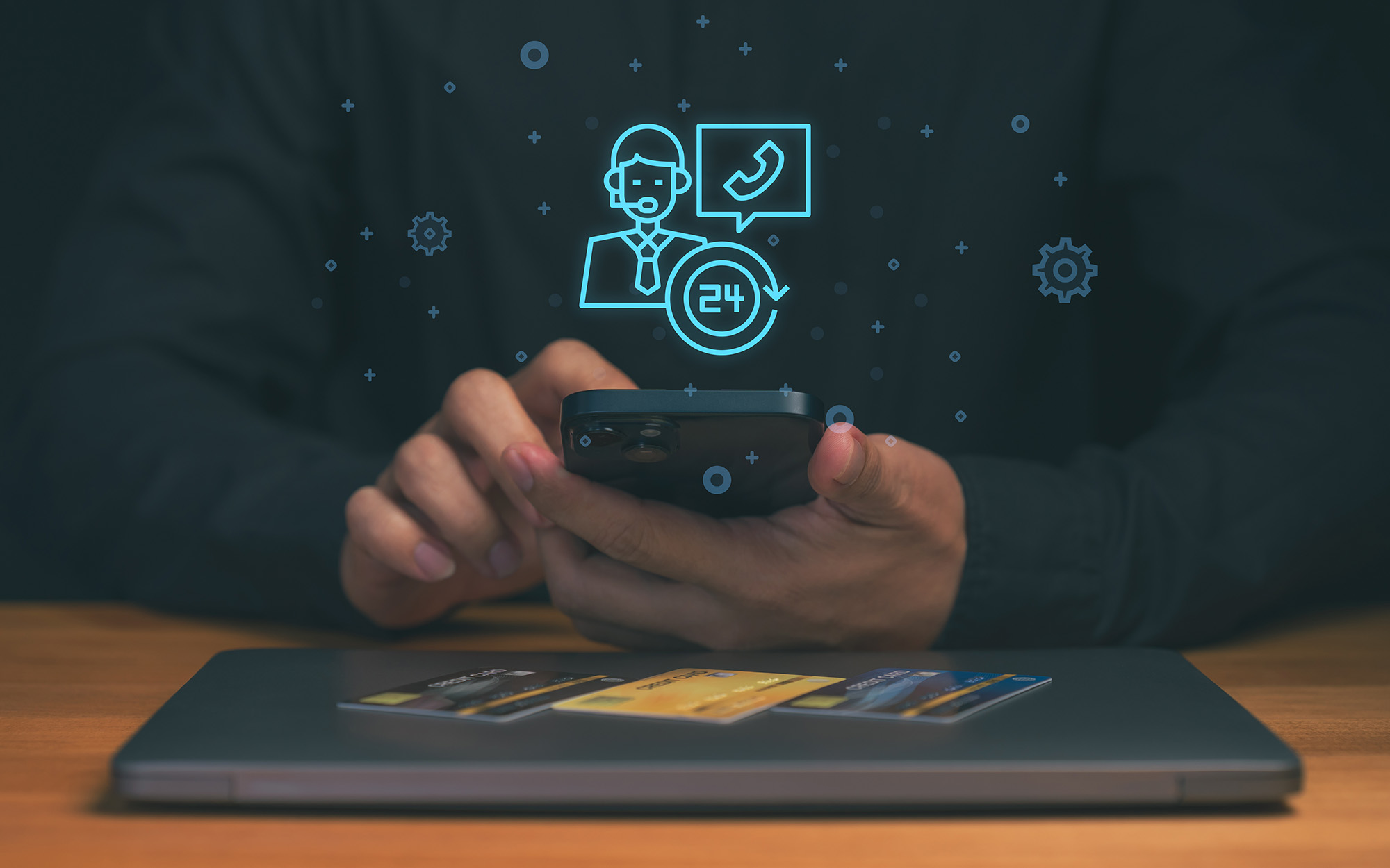 Hand Using Smartphone With Virtual Customer Support Icons